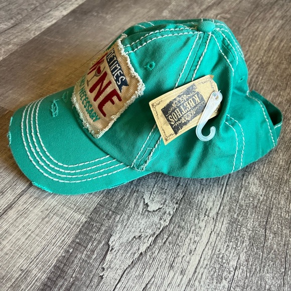 Kbethos Vintage Green Denim Hat W/ Patches Sometimes wine is necessary. - Picture 2 of 7